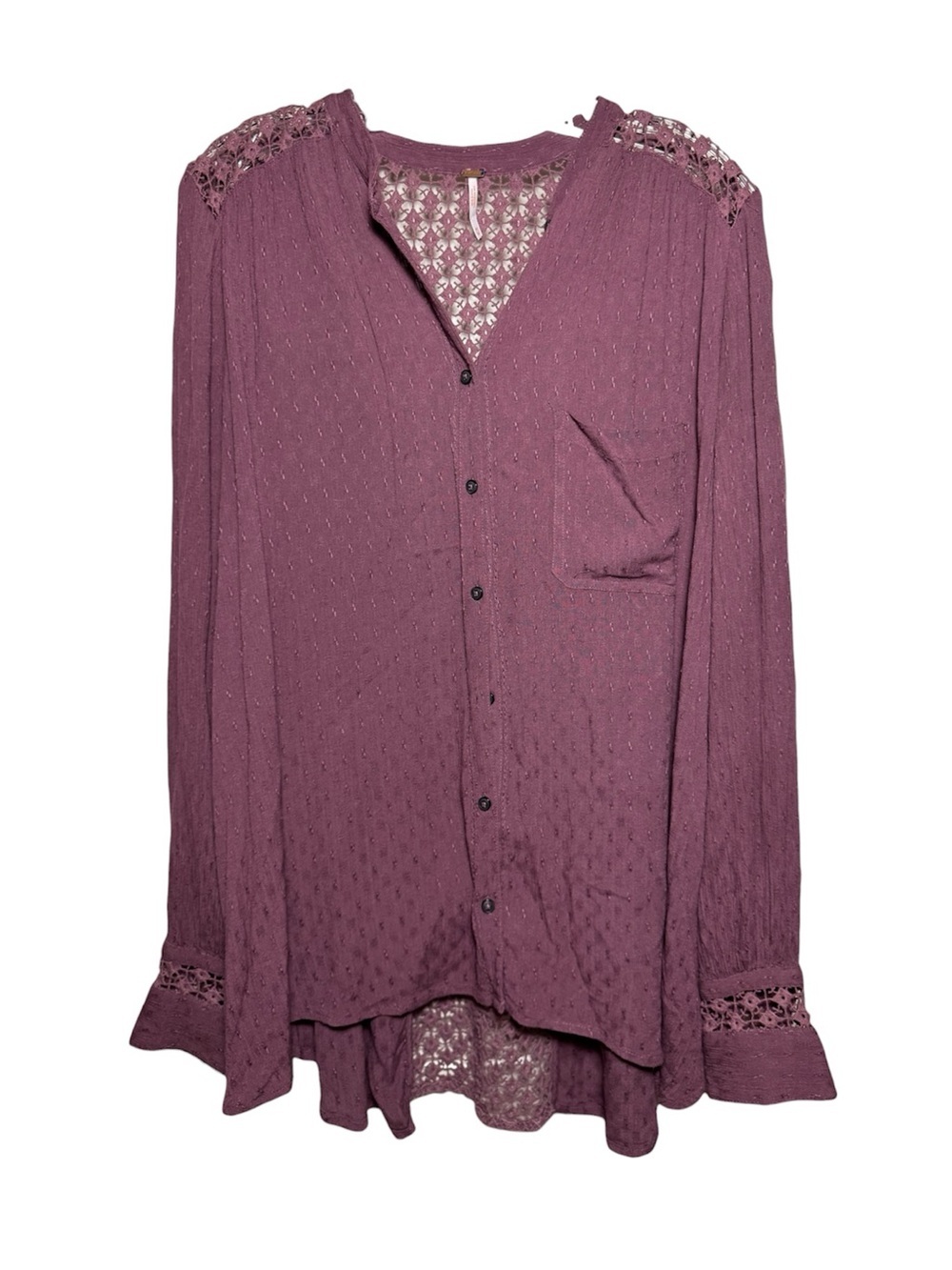 Free People  the best blouse Purple Solid Lace V-Neck Long Sleeve Button-Up  M